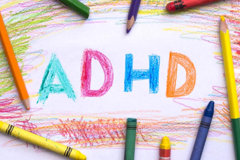 ADHD word written with colored crayons on white paper sheet